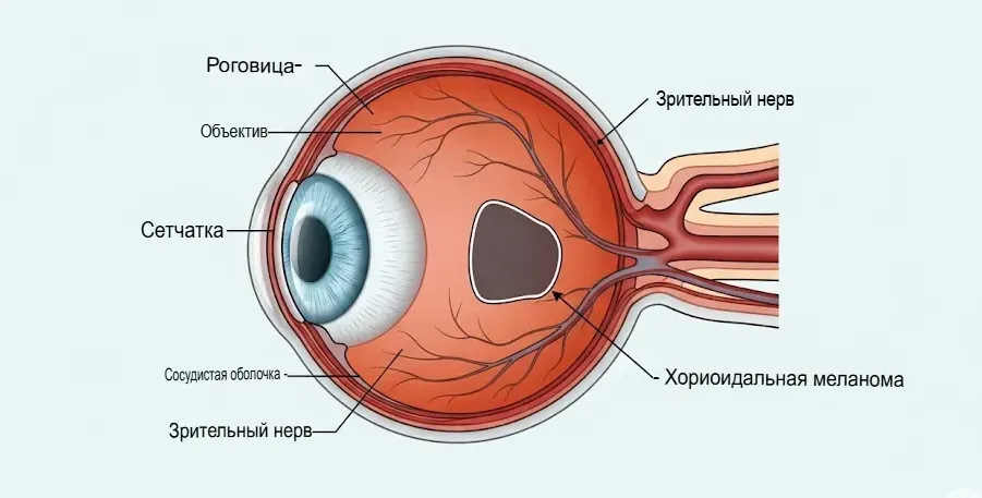 Инфографика: строение глаза с локализацией меланомы хориоидеи Инфографика: строение глаза с локализацией меланомы хориоидеи